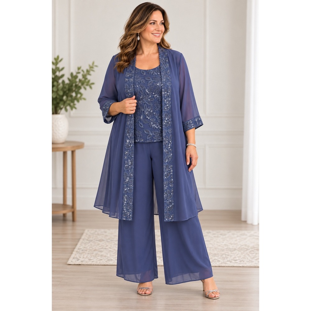 JJs House Gray Blue 3 Pc Pant Suit Lace Sequin Formal Mother of Bride Size 16 XL